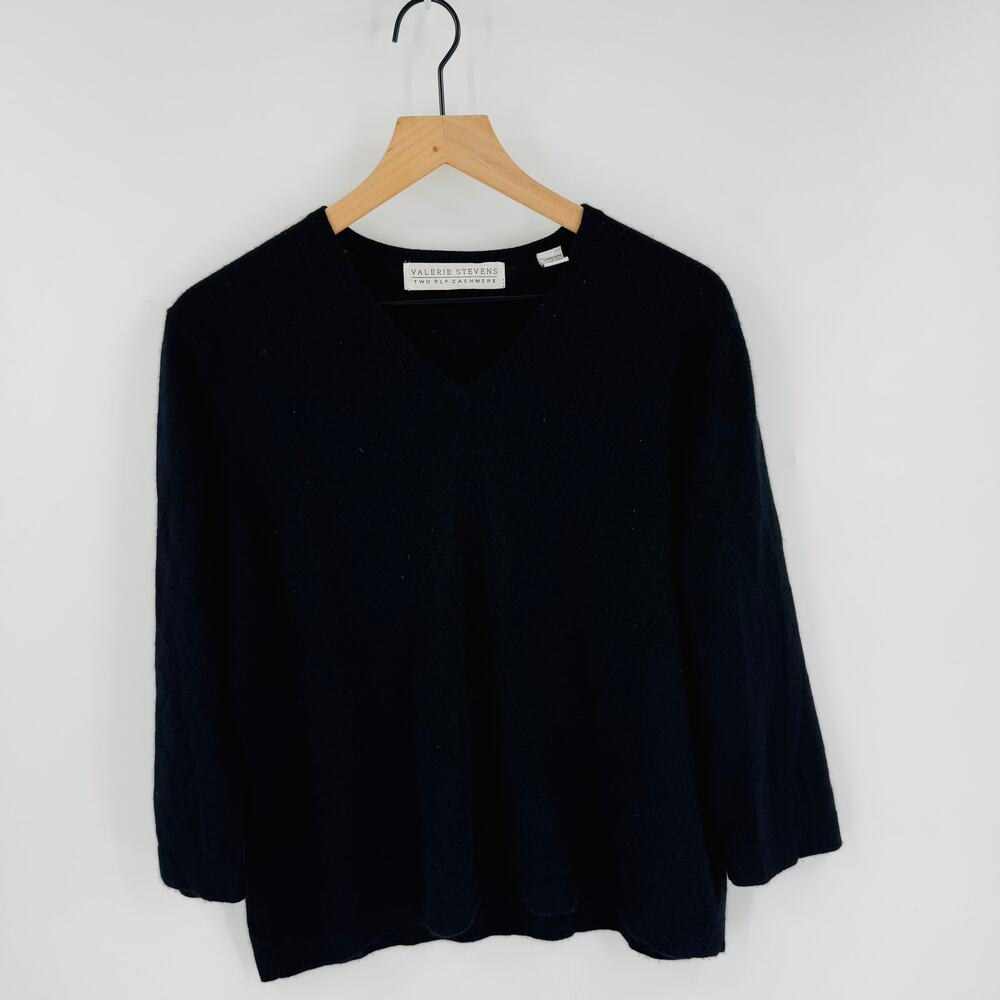 Valerie Stevens 100% Two-Ply Cashmere V-Neck Sweater Black Soft Classic XL